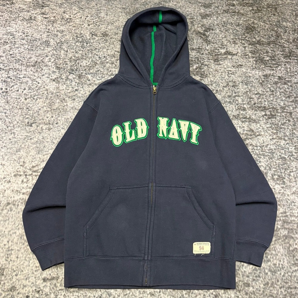 VTG Y2K Old Navy Zip Up Hoodie Mens Medium Navy Blue Spell Out Arch Sweatshirt